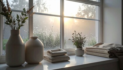 Cozy windowsill with dried flowers and folded linens bathed in soft morning light