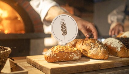 Baker presenting fresh artisan bread with a wheat logo in front of a traditional brick oven.