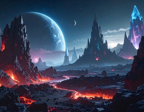 Surreal alien landscape with volcanic terrain glowing lava fiery rivers towe crystalline mountains large planets and moons sky full of stars and auroras