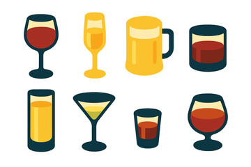 Collection of various alcoholic beverages in different glasses and mugs for celebration