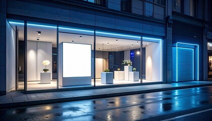 Modern Storefront with Neon Lights and Displays at Night