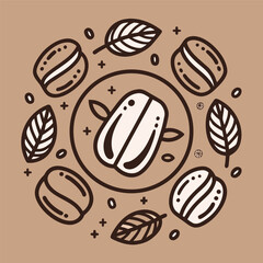 A hand-drawn coffee cup surrounded by coffee beans and leaves, vintage doodle style, simple line art on a beige background