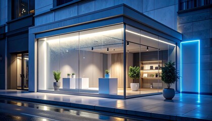 Modern retail storefront with illuminated glass facade and blue neon light on a wet city street at night.