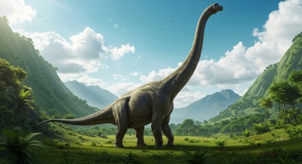 Obraz premium Majestic Brontosaurus in prehistoric landscape, symbol of dinosaurs and ancient wildlife, perfect for paleontology, education, and fantasy themes.