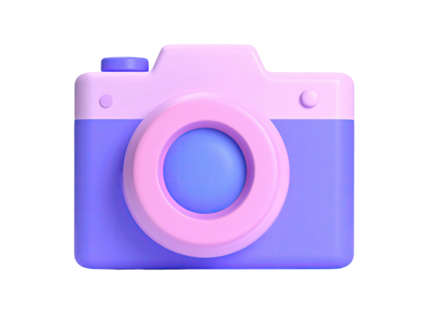 Pastel-colored 3D rendering of a camera with a lens and shutter buttons