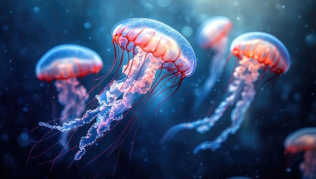 Glowing jellyfish swim in deep blue, light-filled water