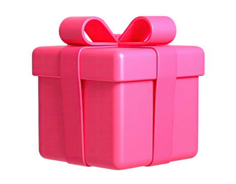 A 3D render of a vibrant, glossy pink gift box with a matching bow