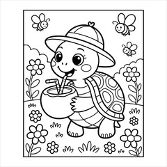 Cute Turtle Drinking Coconut Coloring Page Vector for Kids, Cartoon Turtle Summer Coloring Book Illustration for Children, Adorable Turtle with Hat and Coconut Line Art Coloring Sheet.