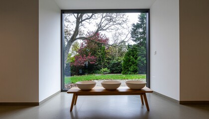 Modern Interior with Garden View and Three Ceramic Bowls on Wooden Bench
