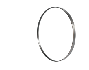 A metallic, circular ring floats against a black background, slightly angled