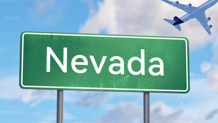 Nevada Road Sign with Airplane Icon for Desert Adventure Travel Posters