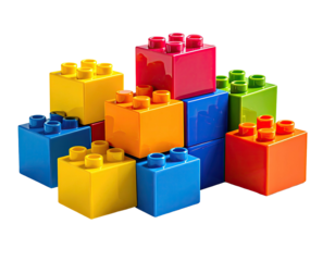 Colorful plastic building blocks stacked on a black background, in a playful arrangement
