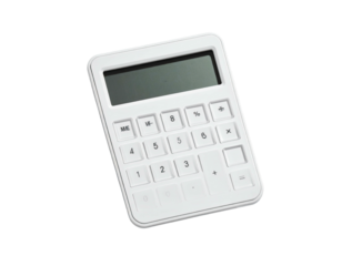 Angled shot of a white rectangular calculator on a black background
