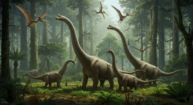Majestic Brontosaurus in prehistoric landscape, symbol of dinosaurs and ancient wildlife, perfect for paleontology, education, and fantasy themes.