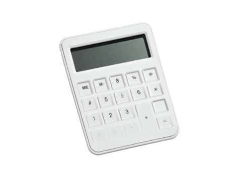 Angled shot of a white rectangular calculator on a black background