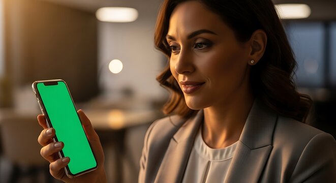 Professional woman using smartphone with green screen for app mockup in modern office, showcasing technology and connectivity for business solutions - Powered by Adobe