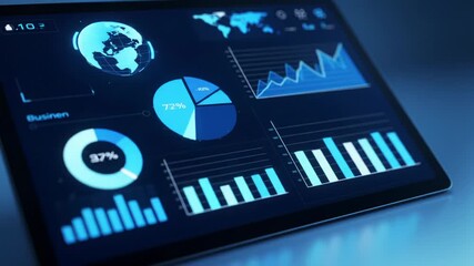 A video captures a high-res screen, dynamic ui with blue/white animated financial data charts (pie, bar, line) & rotating globe icon. Smooth dolly zoom, pan on dark background. High-tech business - Powered by Adobe