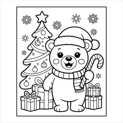 Obraz premium Cute Christmas Bear Coloring Page with Candy Cane and Gifts, Holiday Bear Coloring Sheet with Santa Hat and Christmas Tree, Festive Cartoon Bear Coloring Page for Kids and Winter Holidays.