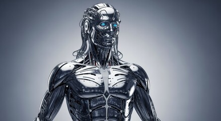 Fototapeta premium Portrait of a Muscular Chrome Android With Glowing Blue Eyes