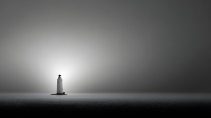 Beacon of hope stands prominently against a backdrop of overcast, diffused light, a solitary lighthouse emits a glow from the horizon, symbolizing guidance and solitude in a muted, monochrome...