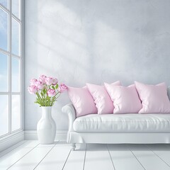 Bright room sofa, vase of roses, window, light, airy
