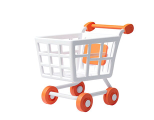 A 3D rendering of an empty shopping cart with orange accents against a black background