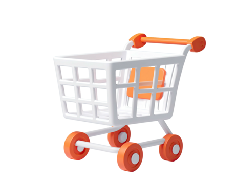 A 3D rendering of an empty shopping cart with orange accents against a black background