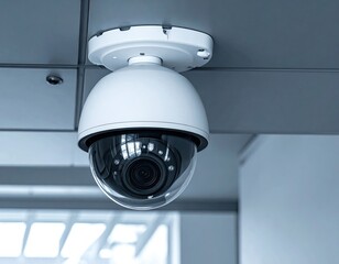 Dome security camera affixed to ceiling, clean, modern view