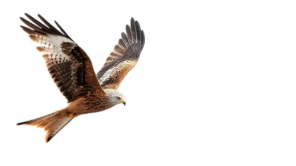 Obraz premium A majestic bird of prey, featuring vibrant brown and white plumage, soars elegantly across a vast, bright white background, its wings fully extended in flight, showcasing its impressive size and...