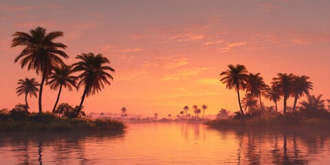 Obraz premium Vibrant Sunset Over Water with Palm Trees Silhouettes in Warm Hues of Orange and Pink Sky, Ideal for Summer Themes and Tropical Concepts