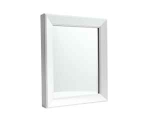 White rectangular frame slightly angled against a black background, minimalist design