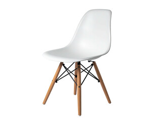 Modern, white seat atop wooden legs, supported by black metal reinforcement against a black background