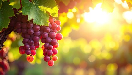 Close Up of Ripe Red Grapes on Vine with Lush Green Leaves Bathed in Golden Sunlight at Vineyard During Sunset