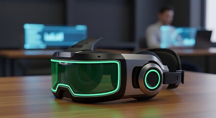 Experience cutting-edge technology with sleek VR headset ready for immersive gaming and virtual meetings in modern office setting, unlocking digital worlds