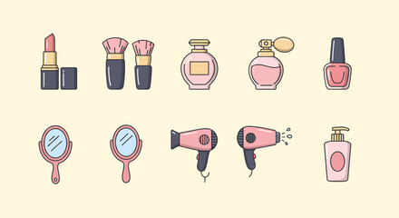 Collection of beauty products and accessories for makeup and hair styling.