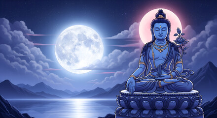 Illustration of lord shiva in a meditative pose against the backdrop of a night sky with a full moon