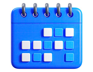 3D blue calendar icon with highlighted squares and a spiral binding at the top