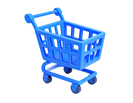 Blue shopping cart, rendered with shadows, set against a dark background
