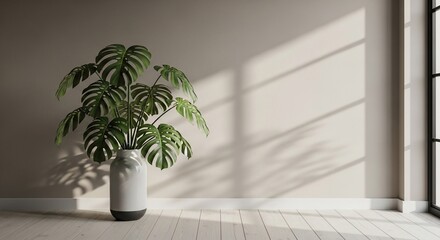 A large Monstera plant in a modern vase on a light wooden floor with sunlight casting shadows on a plain wall.