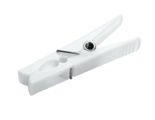 Close-up of a single white plastic laundry clip with silver spring and textured grip