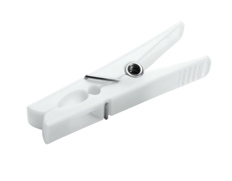 Close-up of a single white plastic laundry clip with silver spring and textured grip
