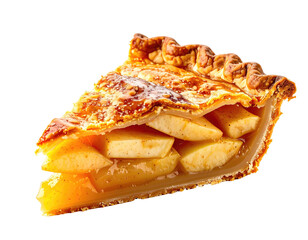 Slice of delicious golden fruit pie with flaky crust, juicy filling
