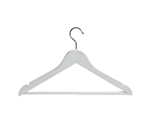 Simple white wooden clothes hanger with a metal hook, isolated on black