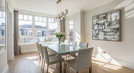Bright dining room with large windows and modern art.