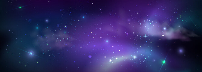 Cosmic space background with planet and nebula clouds for galaxy wallpaper. Purple, green and blue stellar formations with twinkling stars and gas clusters. Deep universe panorama for astronomy © klyaksun