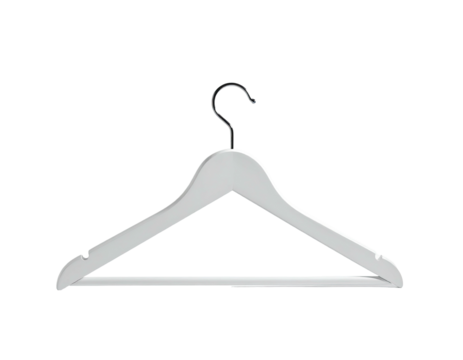 Simple white wooden clothes hanger with a metal hook, isolated on black