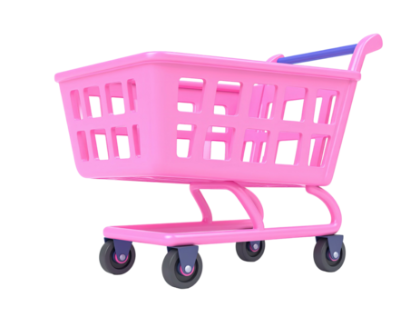 A bright pink, minimalist shopping cart with a blue handle, rendered on black