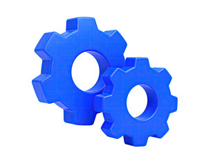 Two interlocking blue gears on a black background. 3D rendering
