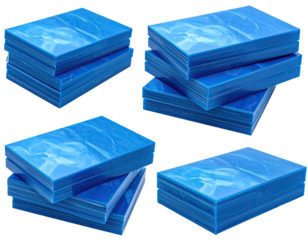 Several stacks of blue, rectangular objects of varying heights, on a black background