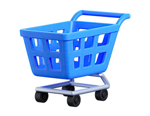 3D rendered, bright blue shopping cart on a transparent background